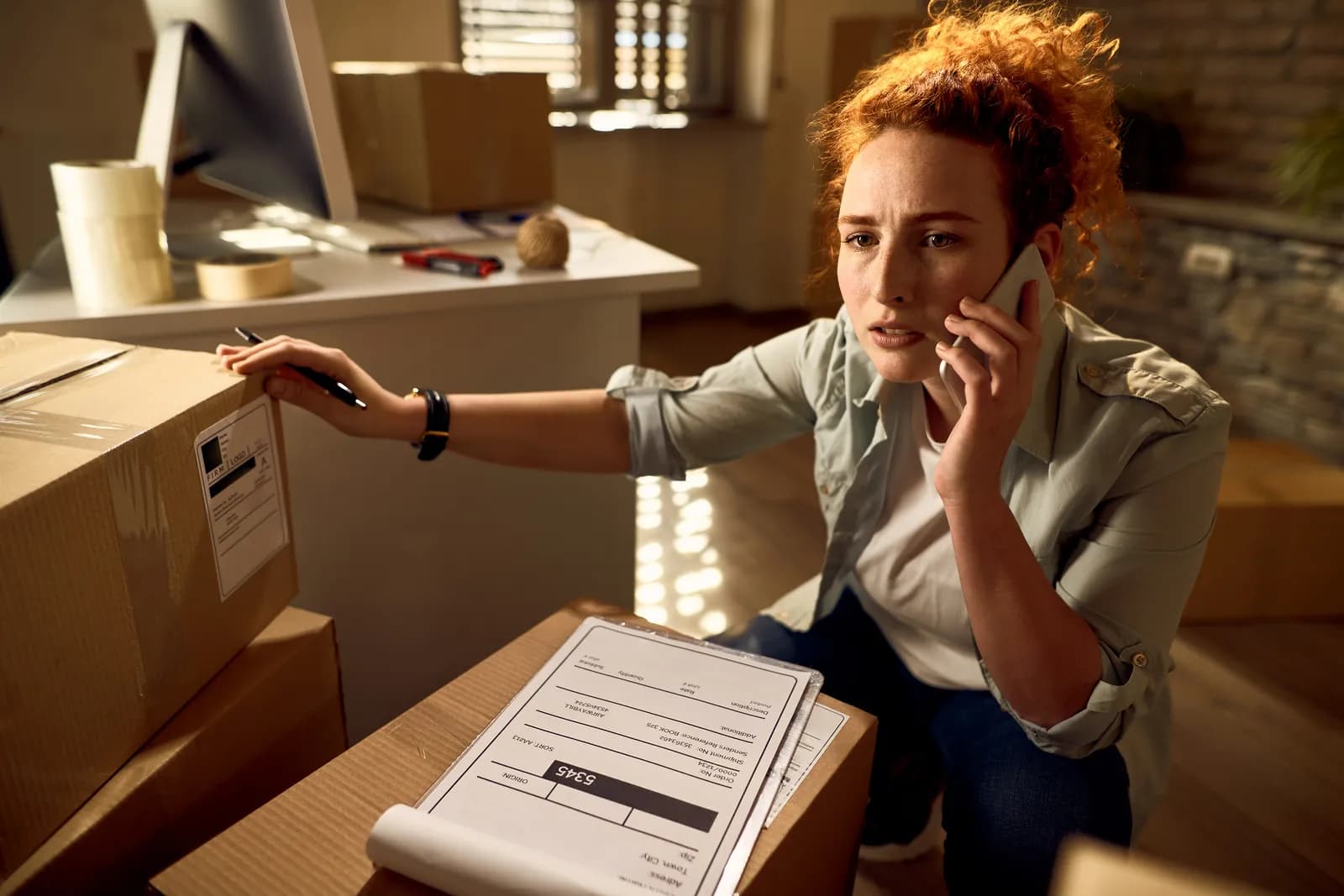 Courier checking delivery details on a mobile phone while handling packages